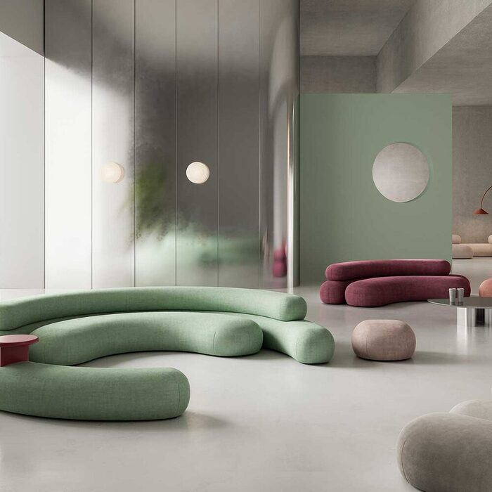 Canapé circulaire modulaire AGORA avec assise enveloppante et configuration flexible pour espaces d’attente, coworking et environnements hôteliers contemporains