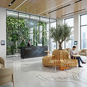 Banquette bois biophilique pour entreprise high tech pour acceuil visiteurs