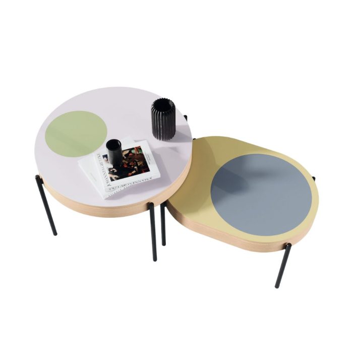 Table basse ronde ovale avec rangement bois massif style vintage interieur salle attente accueil