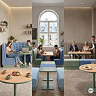 Trois ambiances de restauration avec mobilier CHR sur mesure : salon de thé tendance, petit snack parisien et restaurant chic aux tons taupe avec banquettes et assises tapissées