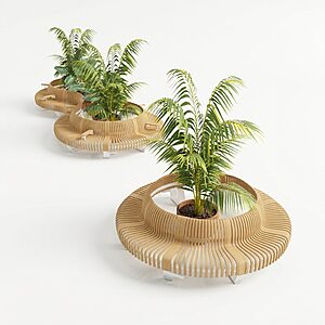 Mobilier Bois Végétalisé pour Aéroport avec Banquette rondes et plantes, pour zones d’attente dans les aéroports, gares et salles de transit