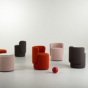 Collection PACHA avec fauteuils, poufs et tables basses ronds design pour espaces lounge, hôtels et bars au style arrondi et convivial