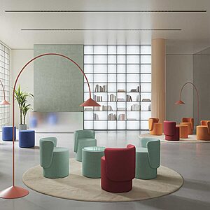 Collection PACHA avec fauteuils, poufs et tables basses ronds design pour espaces lounge, hôtels et bars au style arrondi et convivial