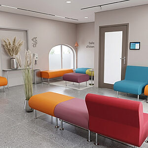 Salle d’attente de centre de radiologie moderne avec mobilier enfant coloré BIMBO de Lilipopart, espace d’accueil chaleureux et sécurisé pour enfants.