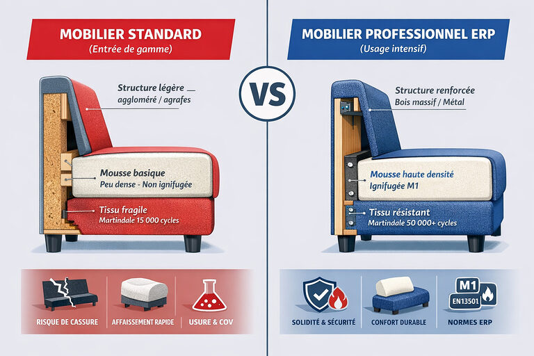 Banquettes sur mesure VS mobilier standard : enjeux techniques, sécurité ERP et durabilité dans les espaces professionnels