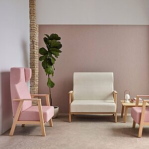 Fauteuil LINÉA en bois massif pour EHPAD et établissements gériatriques avec formes arrondies et assise confortable durable