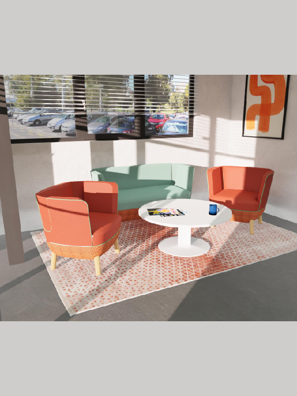 Rendu 3D d’une salle d’attente dans un centre de formation avec mobilier design collection COUTURE, canapé, fauteuils et table basse en teintes orange et vert pâle avec pieds bois