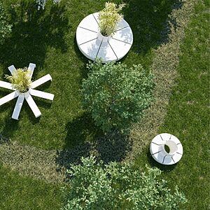 Banc circulaire AUGÉ en béton UHPC pour espaces publics extérieurs et aménagement urbain de places et centres commerciaux