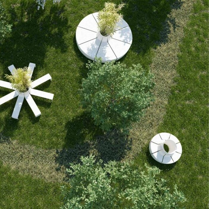 Banc circulaire AUGÉ en béton UHPC pour espaces publics extérieurs et aménagement urbain de places et centres commerciaux