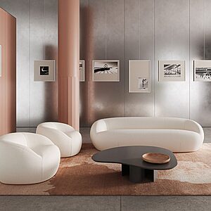 Assises IVAN avec fauteuils et poufs aux formes arrondies et coutures apparentes pour aménagement d’espaces d’attente contemporains