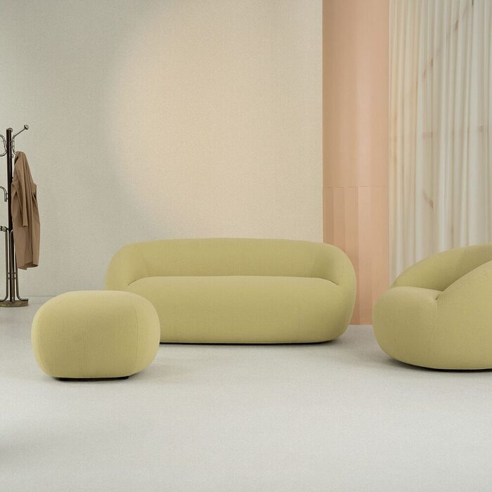 Assises IVAN avec fauteuils et poufs aux formes arrondies et coutures apparentes pour aménagement d’espaces d’attente contemporains