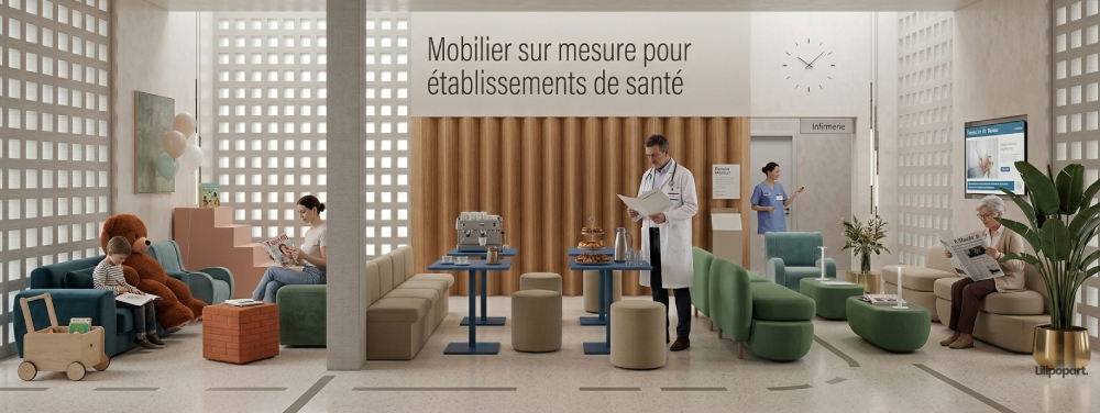 Mobilier de salle d'attente pour cabinet médical avec banquettes, fauteuils et tables basses adaptés aux normes ERP et aux exigences d'hygiène