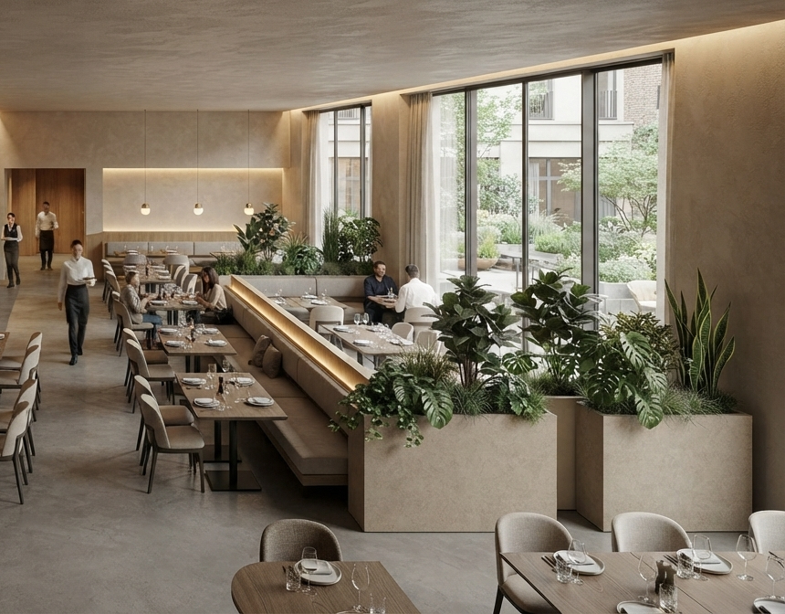 TERRA – Jardinières de séparation pour restaurant Jardinières végétales pour séparer et structurer les espaces d’un restaurant