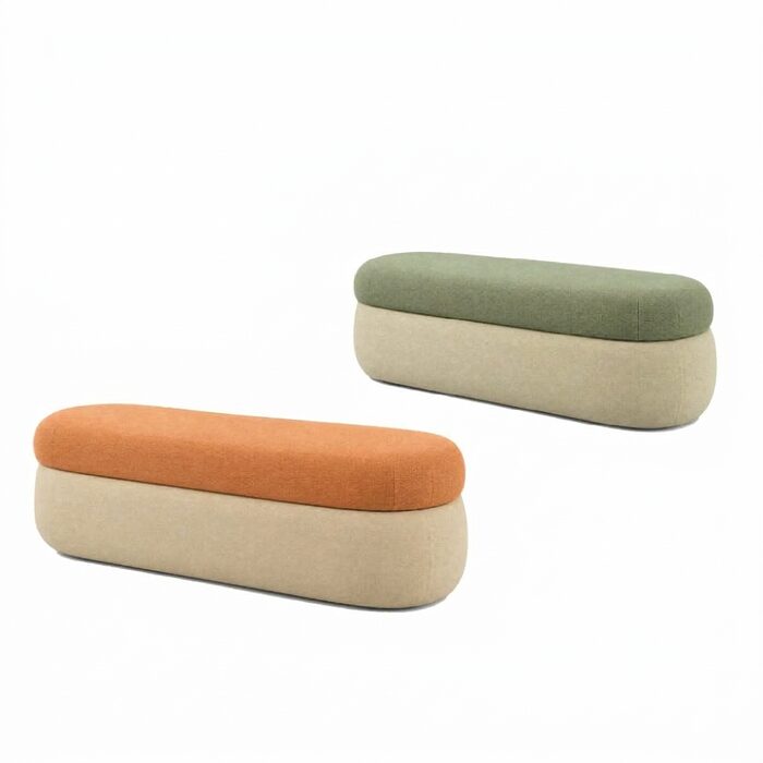 Banc SOLARA 100 et 150 cm – assise et base bicolores Banc rembourré SOLARA bicolore en deux longueurs, 100 et 150 cm, assise orange et vert sur base beige