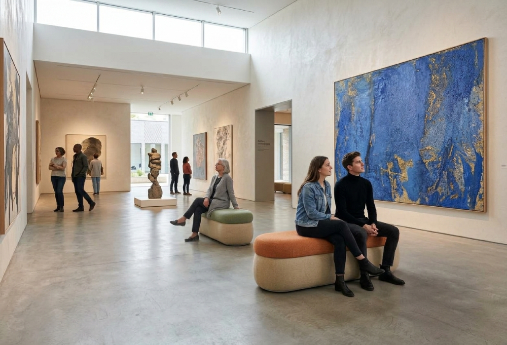 Banc SOLARA en situation – espace muséal Visiteurs assis sur des bancs rembourrés SOLARA dans une salle de musée devant une grande toile bleue, mobilier d’assise pour lieux culturels
