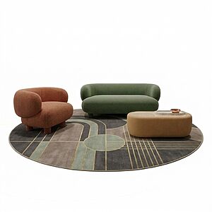 PACHAMANA – Collection de Mobilier Lounge aux Formes Rondes pour ERP et bureaux 10 fauteuil orange, canapé 2 places vert et table basse ocre aux formes rondes, mobilier lounge pour ERP et bureaux