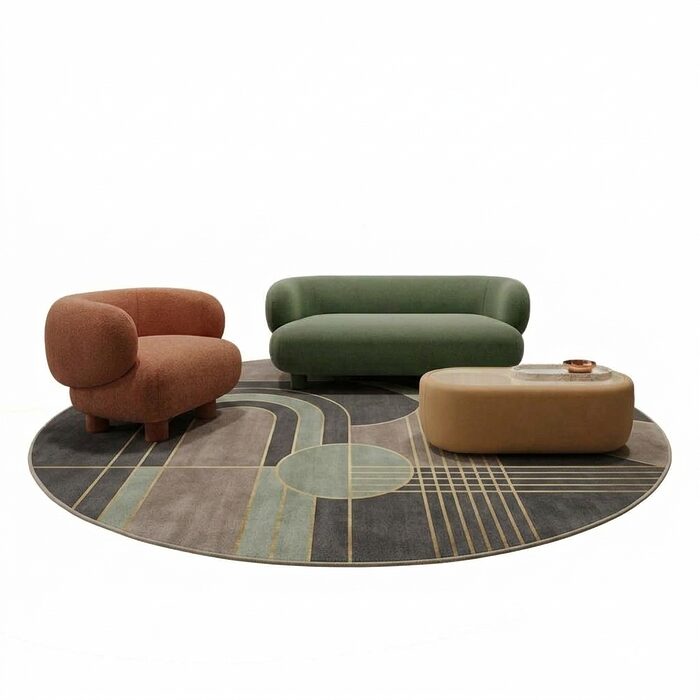 Collection PACHAMANA – fauteuil, canapé et table basse fauteuil orange, canapé 2 places vert et table basse ocre aux formes rondes, mobilier lounge pour ERP et bureaux