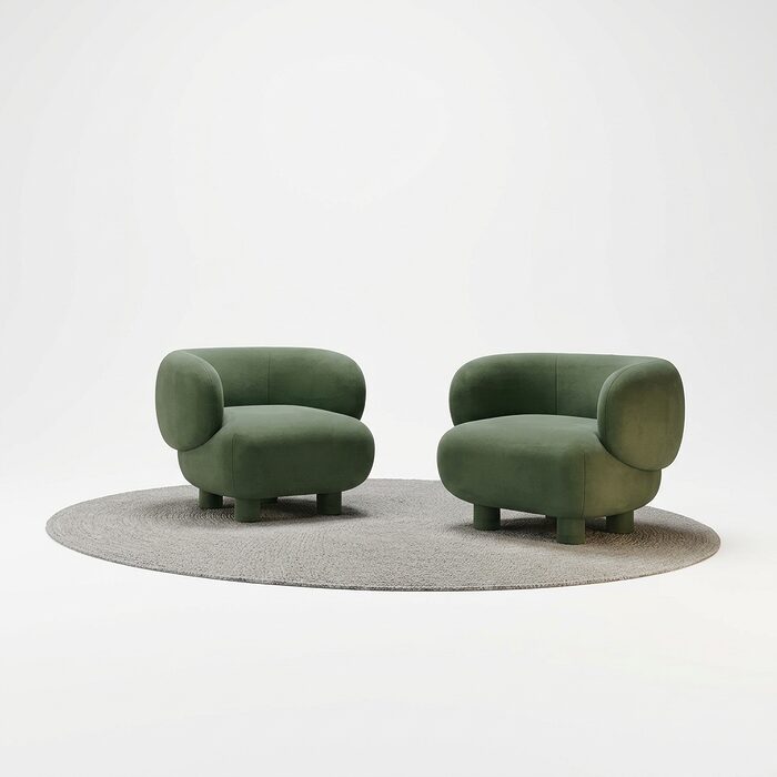 Deux fauteuils lounge PACHAMANA aux formes rondes et enveloppantes, avec pieds, pour espaces d’attente et de détente Fauteuil PACHAMANA – 90 × 62 cm, avec ou sans pieds